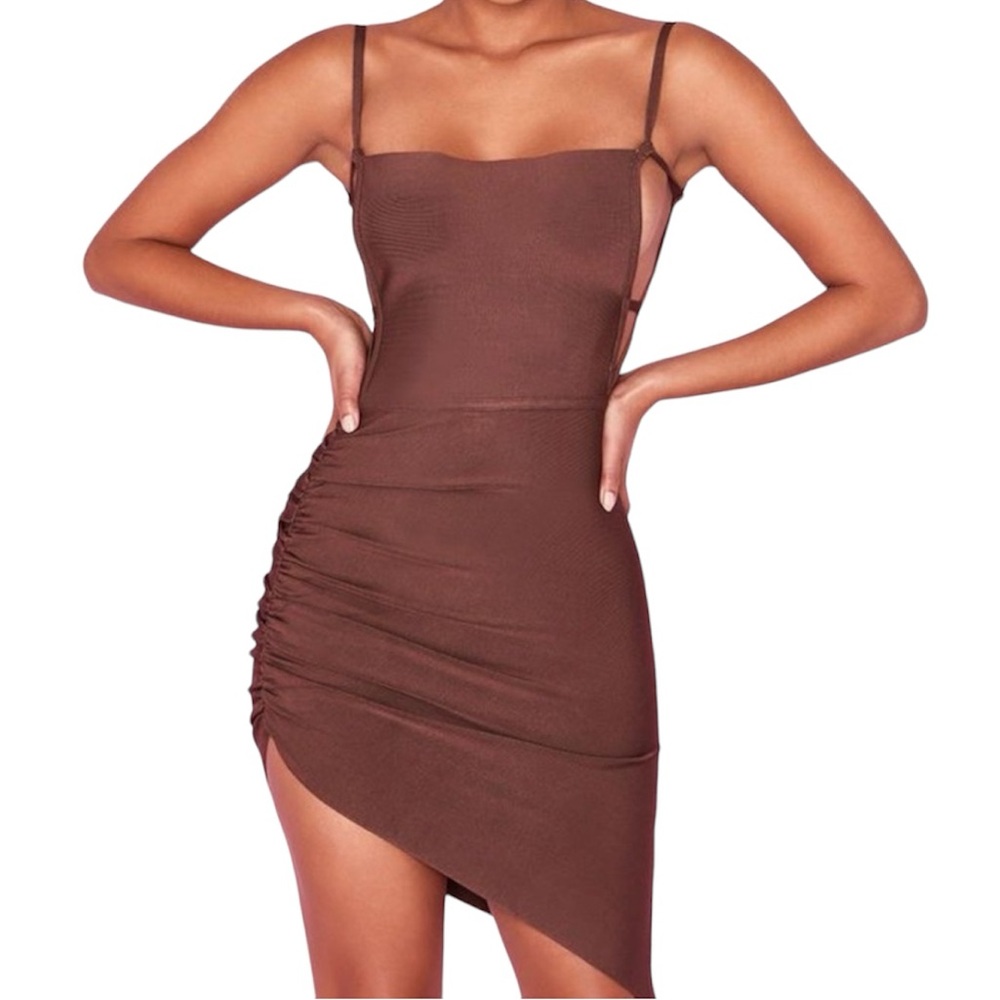 House of CB Meghan Brown Bandage Bodycon Asymmetrical Backless Party Dress S